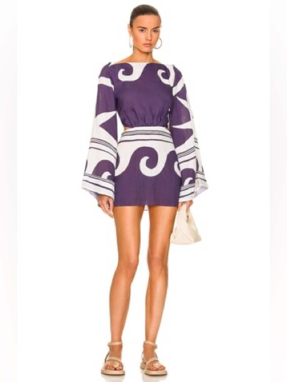 NWT $1890 Johanna Ortiz Wave After Wave Linen Purple White Mini Dress Sz L